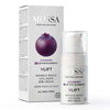 Mossa VLIFT Wrinkle Resist Collagen Eye Cream; rasia, jossa violetti marjakuva, ja pullo tekstillä kaikille ihotyypeille sopivasta, kollageenia ja elvyttäviä tuomipihlajanmarja-aineksia sisältävästä silmänympärysvoiteesta; rasia suorakulmainen, pääosin valkoinen ja kiiltäväpintainen; tuotenimi lihavoiduin mustin suuraakkosin; lieriömäinen pullo pumppuannostelijalla; vaalea tausta, ei ihmisiä.