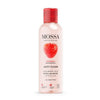 A clear plastic cylindrical bottle of MOSSA Juicy Clean Micellar Water with a shiny red screw cap; the label is white with black and red sans-serif text and includes an image of a strawberry on the front. Key ingredients like hyaluronic acid and antioxidants are listed in plain type. The background is plain and light. No people or hands are present. A bottle of MOSSA Juicy Clean Micellar Water with a red cap and a strawberry image on the front, formulated with hyaluronic acid, antioxidants, and suitable