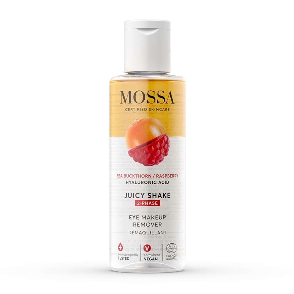 MOSSA Juicy Shake 2-Phase Eye Makeup Remover, tyrni, vadelma ja hyaluronihappo; pullo valkoisella korkilla ja mehevää hedelmää esittävällä etiketillä; pullo lieriömäinen ja läpinäkyvä, näyttää kaksi nestekerrosta; etiketissä siistiä groteskitekstiä; ei ihmisiä tai käsiä; vaalea tausta, tuote keskitetty kuvassa.