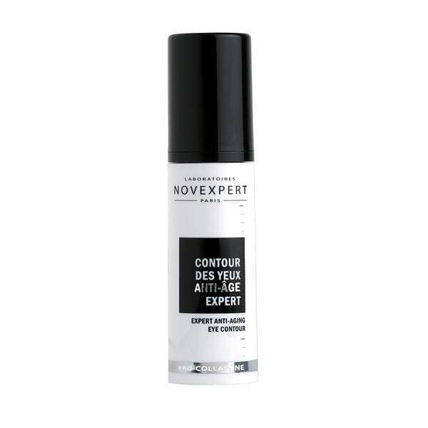 Novexpert PRO-COLLAGEN Expert Anti-Aging Eye Contour; valkoinen pullo mustalla korkilla, etiketti musta, harmaa ja valkoinen mattapintaisena; sylinterinmuotoinen pullo, tuotenimi ja brändi lihavoidulla groteskikirjasimella; neutraali tausta, ei ihmisiä tai käsiä, lähikuva.