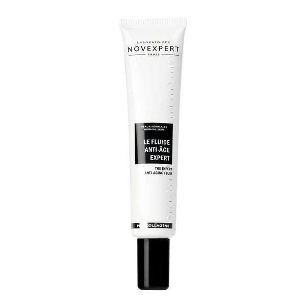 Novexpert PRO-COLLAGEN Expert Anti-Aging Fluid; valkoinen tuubi mustalla tekstillä ja mustalla korkilla, pystyssä valkoisella taustalla; tuubi muovia mattapintaisena, sylinterinmuotoinen ja hieman kapeneva yläosastaan; lihavoitu groteskikirjasin, vain tuote- ja brändinimi luettavissa; ei ihmisiä tai muita esineitä kuvassa.