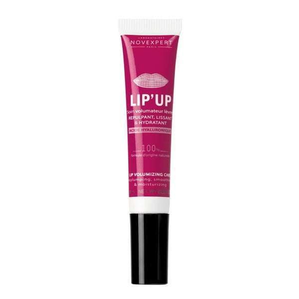 Novexpert HYALURONIC Lip'Up Huulivoide; magentanvärinen muovituubi mattapintaisena sylinterinmuotoisena valkoisella korkilla ja mustalla kierrettävällä pohjalla; valkoinen groteskiteksti näyttää tuotenimen "LIPUP" ja "Hyaluronic Acid"; valkoinen tausta, ei ihmisiä tai käsiä kuvassa.