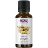Now Foods Inkivääriöljy; ruskea NOW-eteerinen öljypullo, etiketissä maininta 100-prosenttisesta inkiväärista (Zingiber officinale) sekä kuva tuoreesta inkiväärinjuuresta ja -viipaleista; sisältö 1 fl. oz. (30 ml); lieriömäinen lasipullo mustalla muovikorkilla, valkoinen etiketti violetein ja mustin groteskitekstein; vaalea tausta, kuvattu suoraan edestä.
