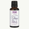 NOW Essential Oils Peace & Harmony -rauhoittava öljyseos, 1 fl. oz. (30 mL); ruskea pullo, matta musta muovikorkki; etiketissä kyyhkyskuvitus, violettia ja vihreää sekatyylistä groteskitekstiä sekä viivagrafiikkaa; tuote seisoo pystyssä vaalealla taustalla, ei ihmisiä.