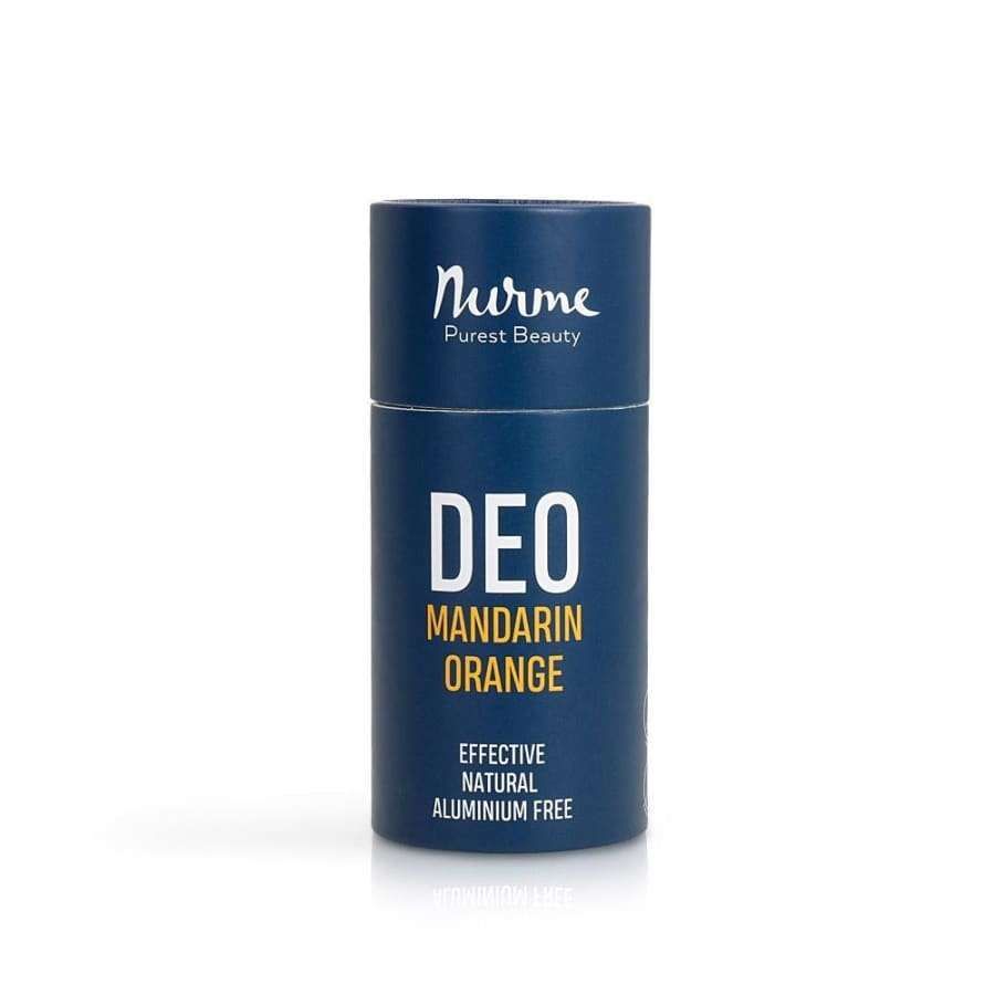 Nurme Purest Beauty DEO Mandarin Orange -deodorantti; sininen, lieriömäinen purkki mattapinnalla pystyssä vaalealla taustalla; yksivärinen sininen pinta selkeällä valkoisella groteskitekstillä; ei muuta rekvisiittaa; ei ihmisiä tai käsiä; tehokas, luonnollinen ja alumiiniton.