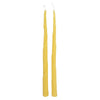 Two tall, yellow, spiral-patterned beeswax taper candles with visible wicks stand side by side against a white background. Cylindrical shape tapers toward unlit tips; both candles have a matte finish and no packaging or labels shown. No people, hands, or additional objects in frame; minimal studio-style product photo with even lighting.