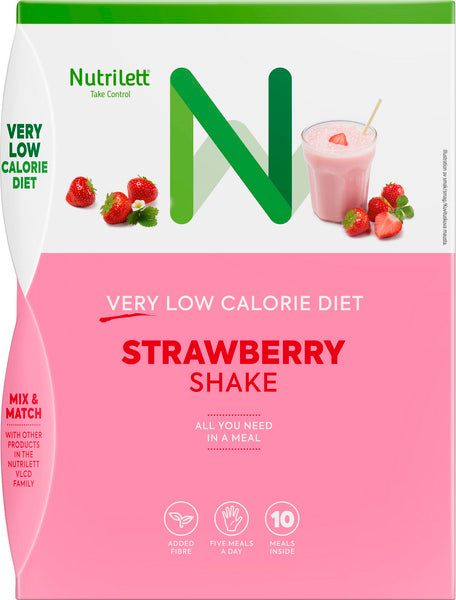 NutriLeTT Strawberry Shake box featuring images of strawberries and a strawberry shake. The packaging is rectangular with a glossy finish, predominantly white and pink with green accents. Sans-serif fonts used in varying sizes; key text includes “Very Low Calorie Diet,” “Mix & Match,” “added fibre,” and “10 shakes inside.” Plain studio background; no people or hands shown.