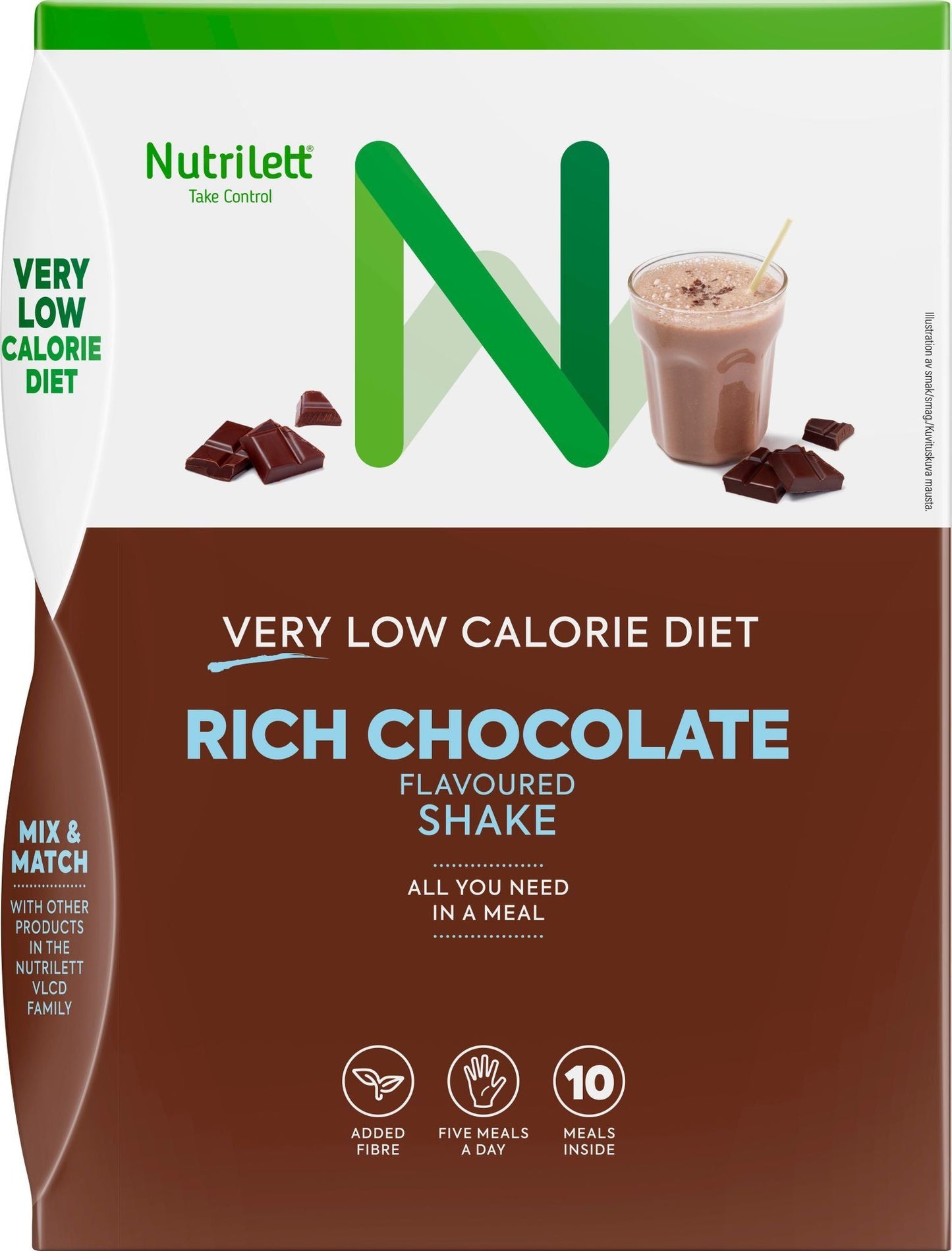 Nutrilett VLCD Suklaapirtelö; pakkaus tekstillä "NutriLett Rich Chocolate Shake", suorakulmainen mattapintainen ruskeansävyinen; kuvina suklaapaloja ja lasillinen ruskeaa nestettä; päätekstit "Very Low Calorie Diet", "Rich Chocolate Flavoured Shake" ja "All you need in a meal"; groteskikirjasin hallitsee pakkausta; ei ihmisiä tai käsiä, vaalea tausta, tuote suoraan edestä kuvattuna.