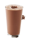 A glass of chocolate milkshake, brown and glossy, sits on a white background. The clear glass shows the drink’s smooth texture. The surface is topped with a dusting of cocoa powder and several dark chocolate curls arranged along the rim. No visible labels, packaging, text, or human presence. A glass of chocolate milkshake topped with cocoa powder and garnished with rich chocolate curls on the rim, set against a white background for an indulgent treat.