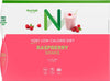 A Nutrilett Raspberry Shake box with raspberries and a pink shake. Text highlights Very Low Calorie Diet, Raspberry Shake, 20 meals, added fibre, and nutritious ingredients. The packaging is pink and green. The box is rectangular with a matte finish featuring bold sans-serif type in white and dark tones. No people or hands are present; background is plain white.