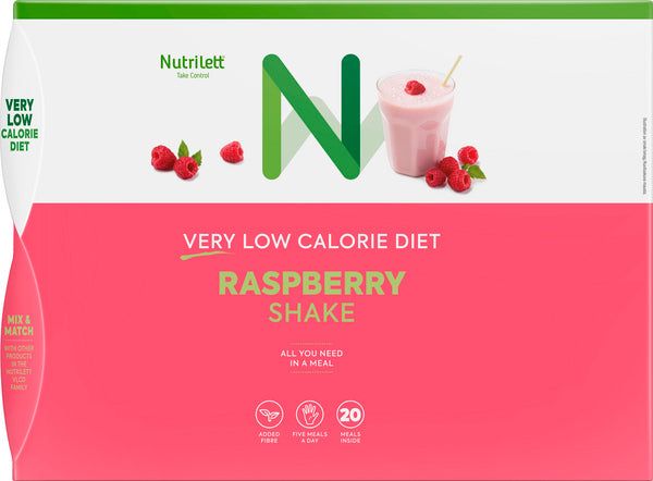 A Nutrilett Raspberry Shake box with raspberries and a pink shake. Text highlights Very Low Calorie Diet, Raspberry Shake, 20 meals, added fibre, and nutritious ingredients. The packaging is pink and green. The box is rectangular with a matte finish featuring bold sans-serif type in white and dark tones. No people or hands are present; background is plain white.
