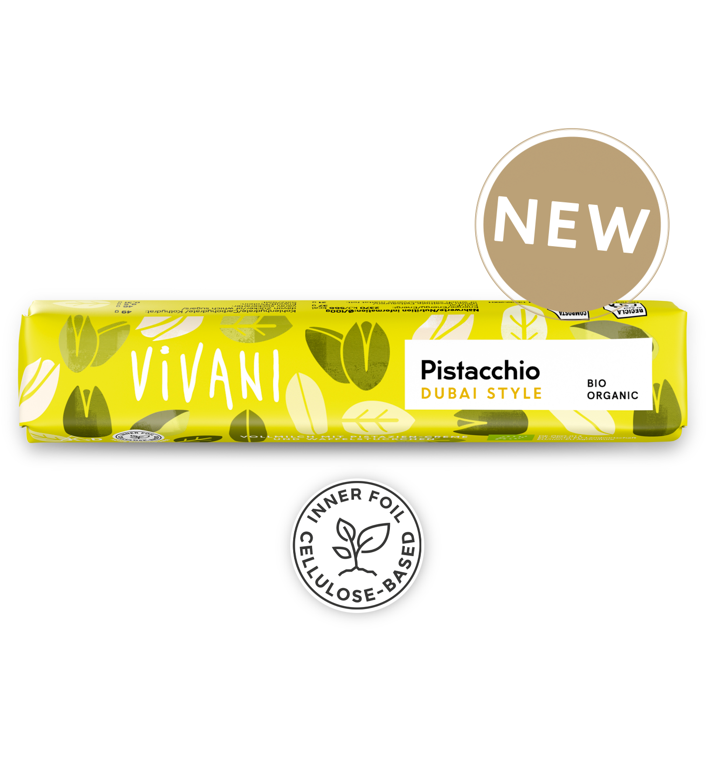 Vivani Luomu Dubai Style Pistaasi Suklaapatukka; Vivani Pistachio Dubai Style -luomusuklaapatukka eloisassa keltaisessa lehtikuvioidussa pakkauksessa, merkitty ”NEW”; suorakaiteen muotoinen suklaapatukka käärittynä mattapintaiseen paperiin vihreällä ja valkoisella lehtiaiheella; etusivulla sekä lihavoitua groteskia että pienempää antiikvatekstiä; etiketissä mainittu foliokääre, jonka pohjana selluloosa ympäristöystävällisyyden vuoksi; tuote kuvattu tasaisella valkoisella taustalla, ei ihmisiä tai käsiä.