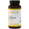 Puhdas+ Vahva C-vitamiini 500mg -pullo, ruskea muovipullo valkoisella kierrekorkilla; etiketti valkoinen ja oranssi mattapinnalla, suomenkielistä tekstiä minimalistisella tekstausvapaalla typografialla; vegaani- ja Suomessa valmistettu -symbolit etiketissä; tuote kuvattu pystyssä yksinkertaista vaaleaa taustaa vasten, ei ihmisiä tai rekvisiittaa näkyvissä.