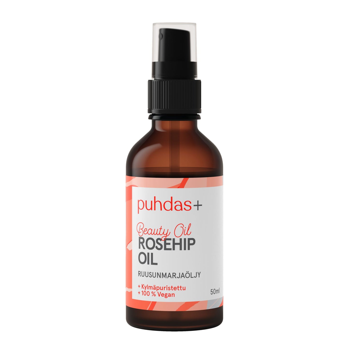 puhdas+ Beauty Oil Ruusunmarjaöljy -pullo, ruskea, musta pumppukorkki, valkoinen mattaetiketti oranssein korostuksin; teksti suomeksi ja englanniksi, 100 % vegaaninen, 50 ml