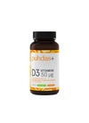 A brown bottle of puhdas+ D3 Vitamiini 50 µg supplements with a white label and orange accents stands upright on a plain light background. The bottle is cylindrical with a matte finish. The legible label includes the brand name, product type, and dosage printed in bold modern sans-serif font. There are no people or actions shown.
