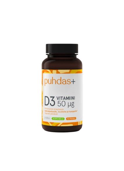 A brown bottle of puhdas+ D3 Vitamiini 50 µg supplements with a white label and orange accents stands upright on a plain light background. The bottle is cylindrical with a matte finish. The legible label includes the brand name, product type, and dosage printed in bold modern sans-serif font. There are no people or actions shown.