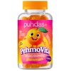 Puhdas+ PehmoVita Appelsiini; pullo Puhdas+ PehmoVita -monivitamiinipurukumia, mattapintainen valkoinen muovi ja sylinterinmuoto, täynnä pieniä oranssinvärisiä purukumeja; etiketissä hymyilevä oranssi sarjakuvahahmo ja suomenkielistä tekstiä lihavalla groteskilla, aseteltu pääosin vaakasuoraan; sekä tuote että pakkaus valkoista taustaa vasten.