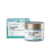 Puhdas+ Collagen Cream -purkki ja pakkaus, värikäs designi; pakkaus pääosin valkoinen oranssein, keltaisin, pinkein ja turkoosein korostuksin; molemmat esineet suorakulmaisia sileine pintoineen, purkin kansi valkoinen ja mattapintainen; lihavoitua tekstausvapaata typografiaa etiketissä; etiketissä korostetaan kollageenia, tyrniä, biotiinia, C-vitamiinia ja hoitavaa arganöljyä; purkki sisältää 50 ml; tausta valkoinen, tasaisesti valaistu.