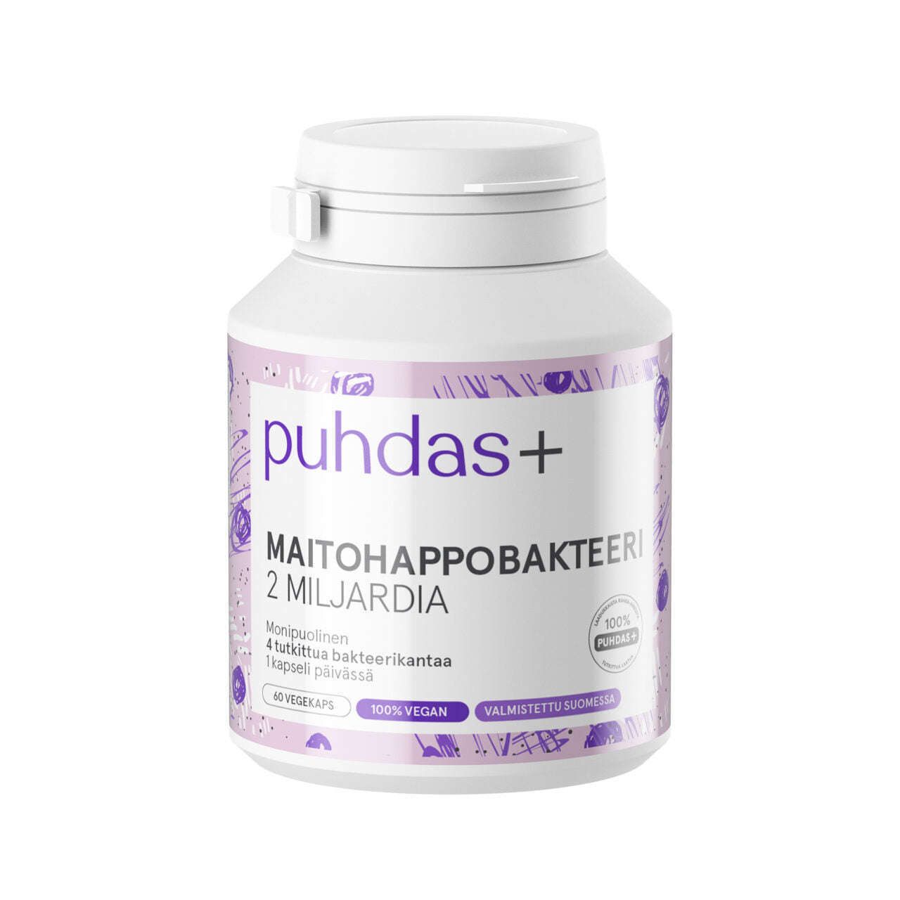 Puhdas+ Maitohappobakteeri 2 miljardia; valkoinen pullo Puhdas+ Maitohappobakteeri -probiootteja sylinterinmuotoisena muovina mattapintaisena, violetti etiketti kietoutuen keskiosan ympäri; lihavoitu groteskiteksti kertoo 2 miljardin bakteerin määrästä ja vegaanikapseleista päivittäiseen hyvinvointiin; pullo kuvattu valkoisella taustalla, ei ihmisiä tai muita esineitä kuvassa.