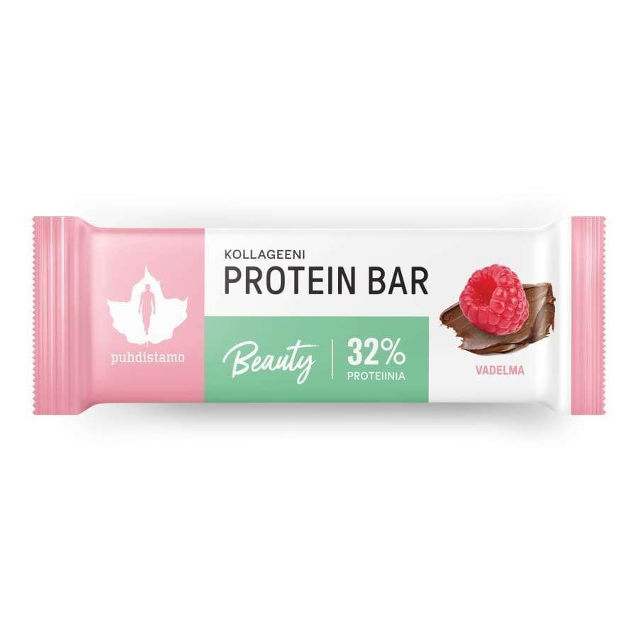 Puhdistamo Kollageeni Protein Bar Beauty, 32% proteiinia, vadelma; kääre, jossa vadelma suklaan päällä sekä valkoinen, vaaleanpunainen ja vihreä design; suorakulmainen, kiiltävä kääre lihavoidulla groteskitekstillä; suoraan edestä kuvattu tuotekuva vaalealla taustalla; ei ihmisiä tai käsiä kuvassa.