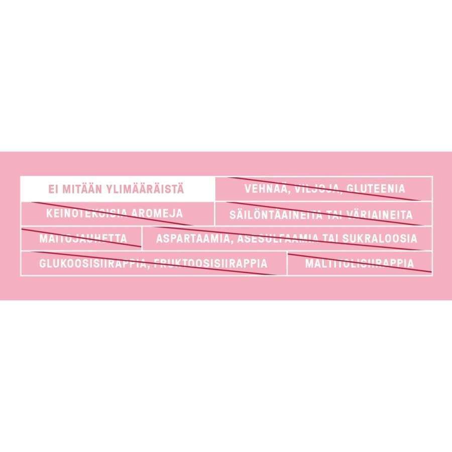 Puhdistamo Kollageeni Protein Bar, vadelma; vaaleanpunainen ja valkoinen grafiikka, jossa suomenkielinen ainesosa- ja lisäaineluettelo, mukaan lukien maininnat "ei mitään ylimääräistä", "vehnää, viljaa ja gluteenia" sekä "aspartaamia, asesulfaamia tai sukraloosia", korostaen gluteenitonta koostumusta; groteskifonttia; ei ihmisiä tai käsiä; yhtenäinen tausta ilman lisätietoja; litteä digitaalinen asettelu.