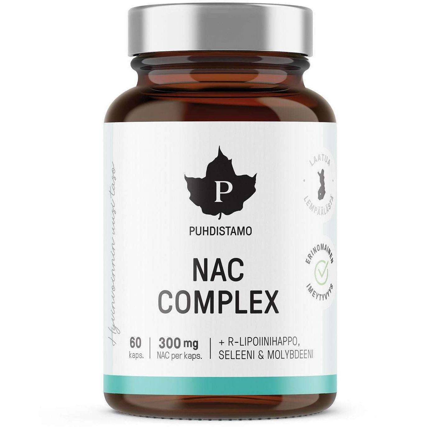 Puhdistamo NAC Complex, 60 kapselia, 300 mg per kapseli, R-alfalipoiihappoa, seleeniä ja molybdeeniä; ruskea, lieriömäinen pullo mattapinnalla; tyylitelty lehtilogo sekä laatu- ja ympäristömerkkejä etiketissä; ei ihmisiä tai käsiä; vaalea tausta.