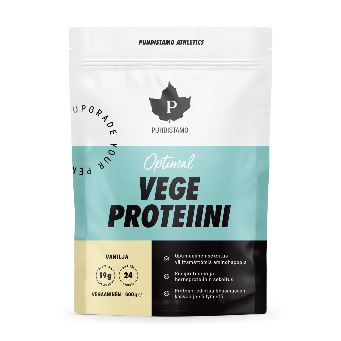 Puhdistamo Optimal Luomu Vege Proteiini Vanilja; valkoinen, akvamariininsininen ja musta pussi tekstillä "Puhdistamo Optimal Vege Proteiini" ravintokuvakkein, korostaen vaniljan makua, 19 g proteiinia annosta kohti, vegaanista koostumusta, 24 annosta sekä suomenkielisiä tuotekuvauksia; pussi joustava mattapinnalla uudelleensuljettavalla yläreunalla; lihavoitua groteskitypografiaa pääteksteissä; kuva vaaleaa taustaa vasten, ei ihmisiä tai rekvisiittaa.