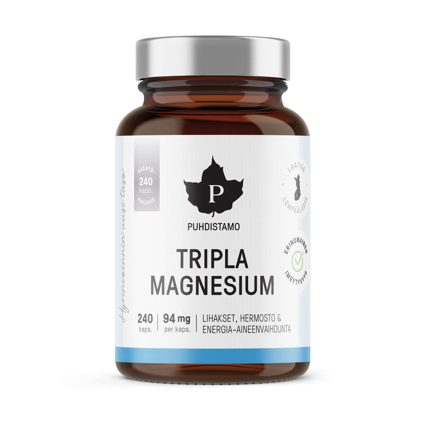 Puhdistamo Tripla Magnesium -pullo, 240 kapselia (94 mg per kapseli); ruskea, sylinterimäinen ja mattapintainen muovipullo tummalla kierrekorkilla; valkoisessa etiketissä lihavoitua mustaa tekstausvapaata tekstiä sekä lihaksia, hermostoa ja energia-aineenvaihduntaa kuvaavia ikoneita suomenkielisin selityksin; kuvattu yksiväristä taustaa vasten, ei ihmisiä tai käsiä näkyvissä.