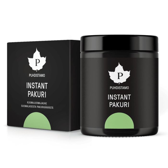 Puhdistamo Instant Pakurijauhe -purkki ja pakkaus, musta, valkoinen lehtilogo ja vihreä korostus, suomenkielinen teksti; instant-sienijuomajauhe, sylinterinmuotoinen purkki ja suorakaiteen muotoinen rasia, mattapinta