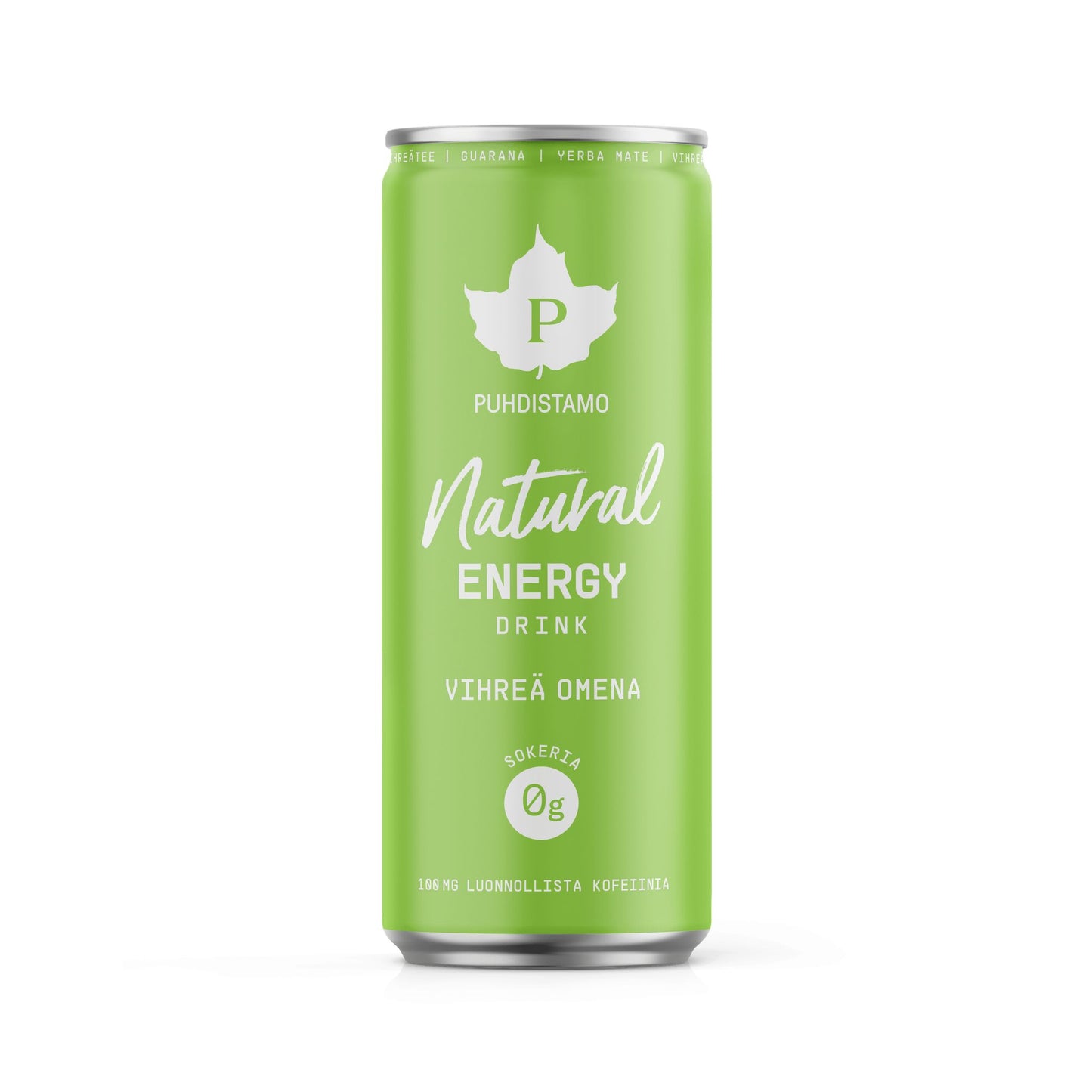 Puhdistamo Natural Energy Drink, Vihreä Omena; vihreä alumiinitölkki, jossa 0 g sokeria ja 180 mg luonnollista kofeiinia; mattapinta, lieriömäinen muoto avausrenkaalla; suuri valkoinen vaahterenlehtikuvitus ja groteskitekstiä etusivulla; vaalea tausta, ei ihmisiä tai käsiä.