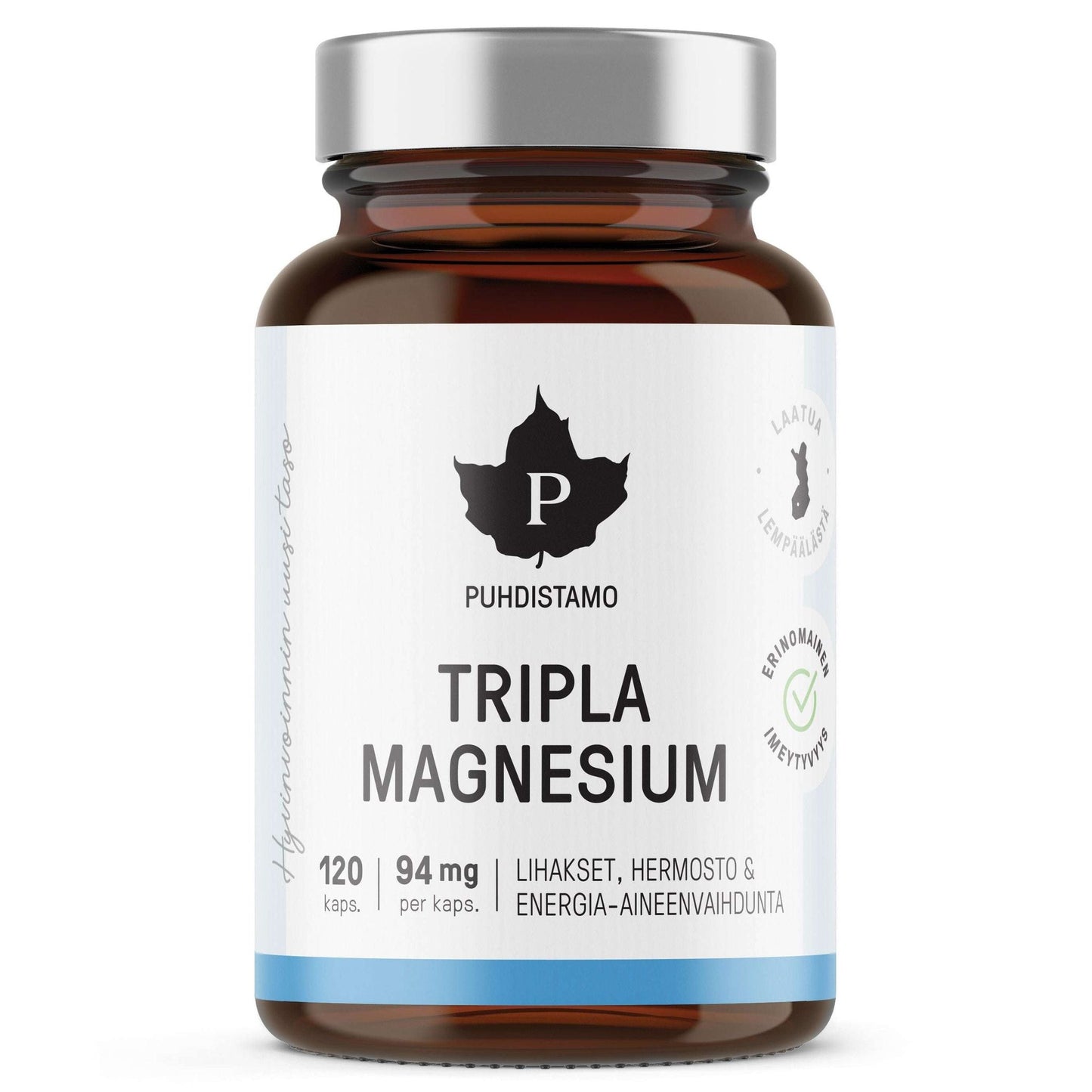 Puhdistamo Tripla Magnesium -pullo, 120 kapselia (94 mg per kapseli); mattapintainen, sylinterimäinen pullo valkoisella kierrekorkilla; etiketissä selkeää lihavoitua mustaa ja sinistä tekstausvapaata tekstiä; suomenkielinen teksti kertoo tuotteen tukevan lihaksia, hermostoa ja energia-aineenvaihduntaa jokapäiväisessä hyvinvoinnissa; kuvattu tasaisesti valaistua valkoista taustaa vasten, ei ihmisiä tai käsiä näkyvissä.
