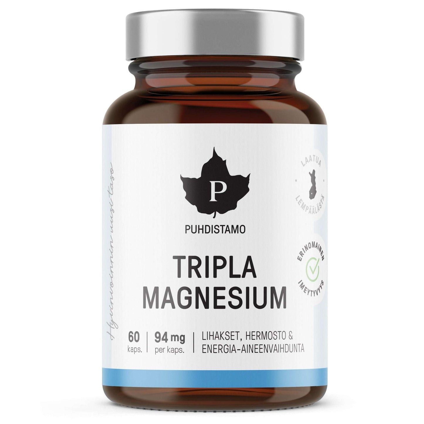 Puhdistamo Tripla Magnesium -pullo, 60 kapselia (94 mg magnesiumia per kapseli); ruskea, kiiltäväpintainen ja sylinterimäinen lasipullo mustalla kierrekorkilla; valkoisessa ja vaaleansinisessä etiketissä laatu- ja puhtaussertifiointimerkkejä sekä tuotenimi selkeästi esillä tekstausvapaalla kirjasimella; kuvattu neutraalia taustaa vasten, ei ihmisiä tai toimintaa näkyvissä.