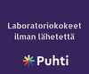 Mini Ferrum Feméa Hemirautapatukka; tuotekuva suorakulmaisella pinnalla mattaviolettina taustana; yläosassa lihavoitua valkoista suomenkielistä tekstiä: Laboratoriokokeet ilman lähetettä; alla monivärinen tähtikuvio ja sana Puhti valkoisella groteskikirjasimella; asetelma pelkistetty, ei ihmisiä tai pakkausta kuvassa.
