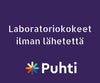 Life Extension Neuro-Mag® Magnesium L-Threonate; tuotekuva yhtenäisellä violetilla mattapintaisella taustalla; valkoinen suomenkielinen groteskiteksti "Laboratoriokokeet ilman lähetettä"; alapuolella värikäs Puhti-logo esittää yrityksen nimen valkoisin kirjaimin; ei pakkausta, ihmisiä eikä muita esineitä kuin logo ja teksti; kuva otettu suoraan edestä hyvässä valaistuksessa.