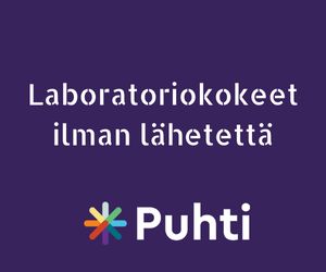 Life Extension Neuro-Mag® Magnesium L-Threonate; tuotekuva yhtenäisellä violetilla mattapintaisella taustalla; valkoinen suomenkielinen groteskiteksti "Laboratoriokokeet ilman lähetettä"; alapuolella värikäs Puhti-logo esittää yrityksen nimen valkoisin kirjaimin; ei pakkausta, ihmisiä eikä muita esineitä kuin logo ja teksti; kuva otettu suoraan edestä hyvässä valaistuksessa.