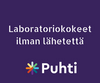 Mini Ferrum Feméa Hemirautakapselit; tuotekuva suorakulmaisella pinnalla mattaviolettina taustana; yläosassa lihavoitua valkoista suomenkielistä tekstiä: Laboratoriokokeet ilman lähetettä; alla monivärinen tähtikuvio ja sana Puhti valkoisella groteskikirjasimella; asetelma pelkistetty, ei ihmisiä tai pakkausta kuvassa.