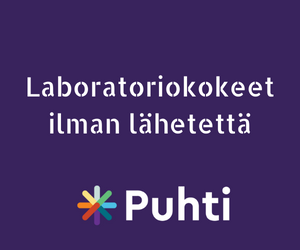 Mini Ferrum Feméa Hemirautakapselit; tuotekuva suorakulmaisella pinnalla mattaviolettina taustana; yläosassa lihavoitua valkoista suomenkielistä tekstiä: Laboratoriokokeet ilman lähetettä; alla monivärinen tähtikuvio ja sana Puhti valkoisella groteskikirjasimella; asetelma pelkistetty, ei ihmisiä tai pakkausta kuvassa.
