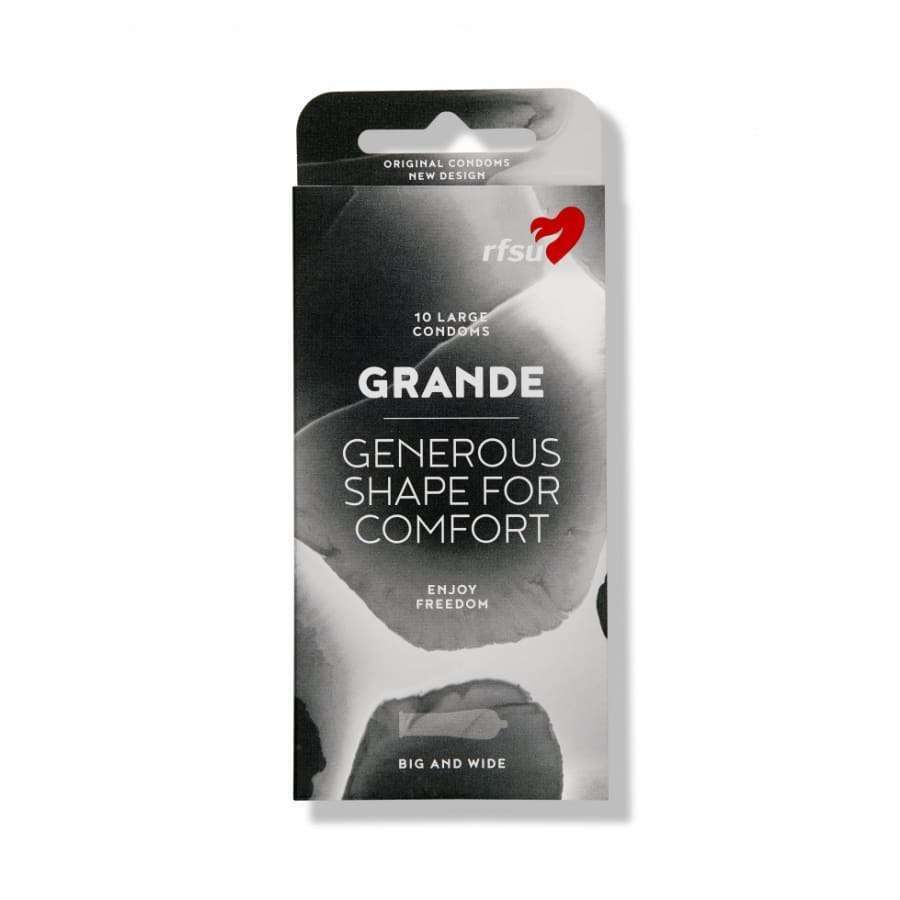 RFSU Grande -kondomipakkaus, 10 kondomia; suorakaiteen muotoinen pystyssä oleva rasia, RFSU-logo valkoisella ja punaisella yläreunassa, "Grande" lihavoituna, monivärinen abstrakti kuviotausta