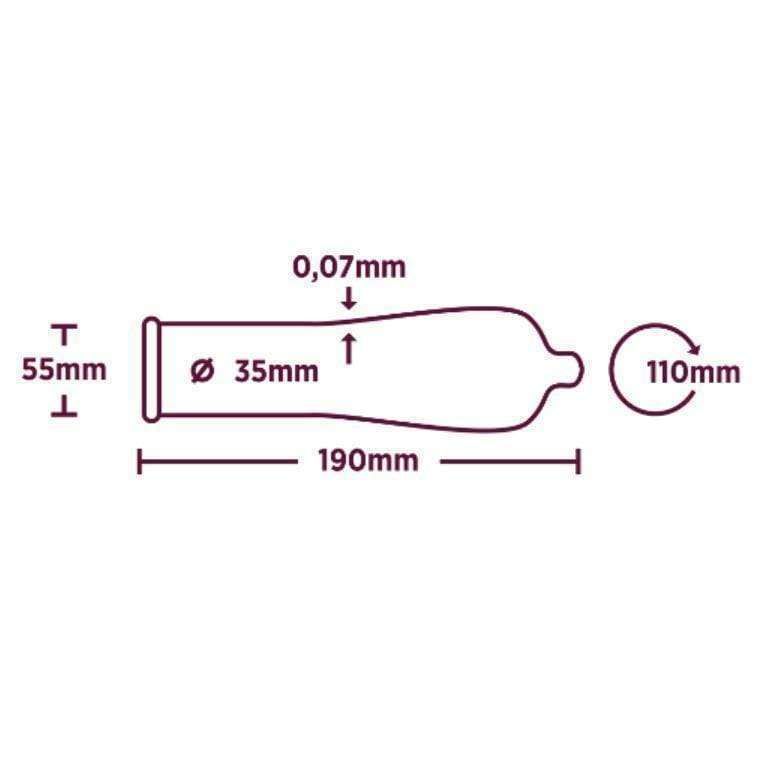 Kondomin mittapiirros: pituus 190 mm, leveys 55 mm, halkaisija 35 mm, paksuus 0,07 mm, ympärysmitta 110 mm; läpinäkyvä mattapintainen kondomi, mustia viivoja ja groteskitekstiä valkoisella taustalla