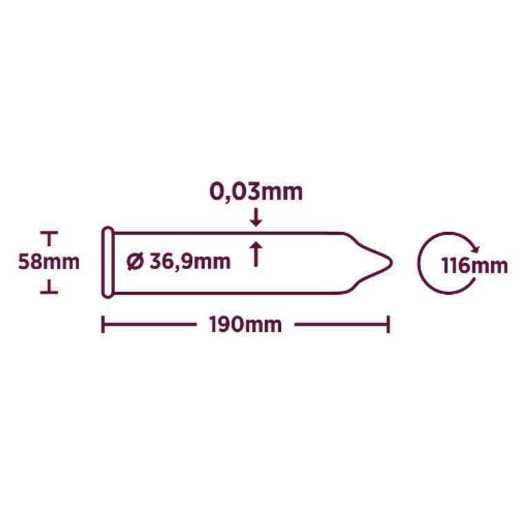 Tekninen mittapiirros kondomin muodosta: pituus 190 mm, korkeus 58 mm, halkaisija 36,9 mm, kärjen leveys 0,03 mm, pyöreän osan halkaisija 116 mm; ohuet mustat mittaviivat ja groteskinumerot valkoisella pohjalla, ei pakkausta tai värejä näkyvissä