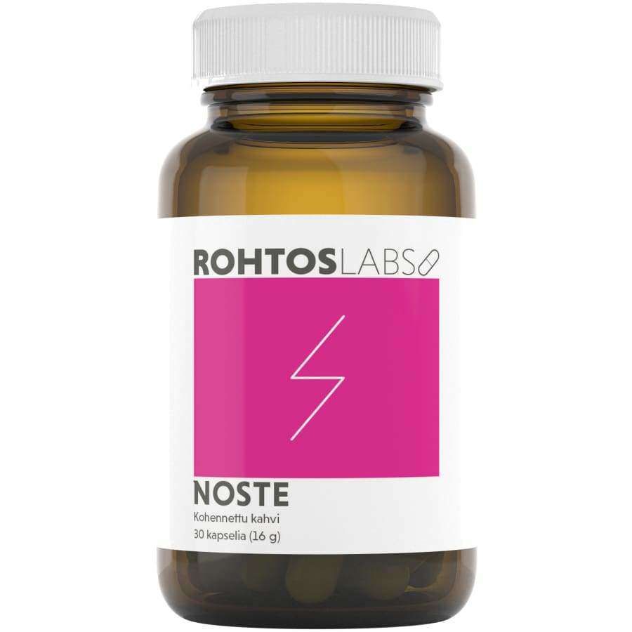 Rohtos Labs Noste; ruskea muovipullo kiiltävällä pinnalla, lieriömäinen muoto ja kierrekorkki; etiketissä groteskifontti sekä vaaleanpunainen neliö, jossa valkoinen salamakuvake; teksti kertoo 30 nootrooppisesta kapselista pakkauksessa; ei ihmisiä tai käsiä; vaalea tausta.