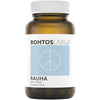 Rohtos Labs Rauha; ruskea lasipullo valkoisella korkilla ja sinisellä suorakulmiolla, jossa valkoinen rauhansymboli; etiketissä maininta 30 kapselista, 20 g, valmistanut Rohtos Labs; pullo lieriömäinen, sileä ja kiiltävä pinta; etiketti suuraakkosin, pääosin mustaa tekstiä; tuote kuvattu vaalealla taustalla, ei ihmisiä tai muita esineitä.