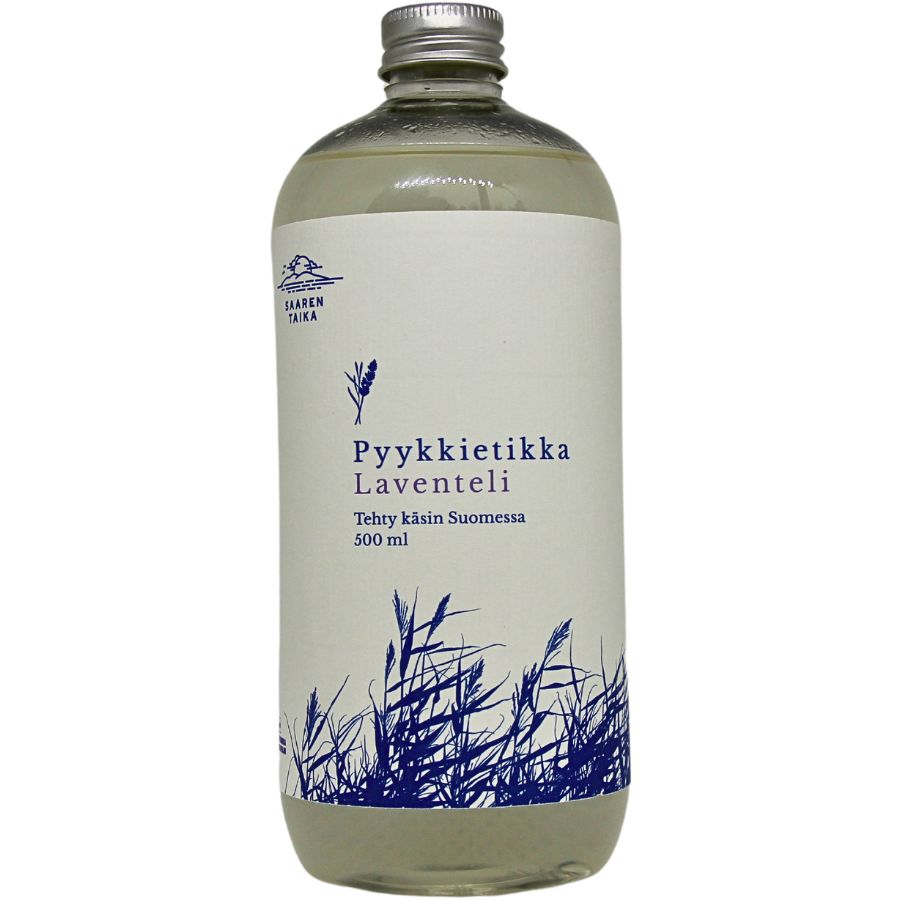 A clear, cylindrical plastic bottle with a smooth surface and a metallic silver screw cap. The white label displays blue sans-serif text and a detailed blue grass illustration. Text includes “Pyykkietikka Laventeli,” “Tehty käsin Suomessa 500 ml.” No people or actions present; background is plain and uncluttered.