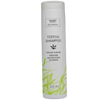 Saaren Taika Ecolution Nestemäinen Teepuushampoo, 200 ml valkoinen muovipullo litteällä valkoisella korkilla; sylinterin muotoinen, pinta mattaa; etiketissä vihreitä ruohokuvioita ja selkeää mustaa suomenkielistä groteskitekstiä; tausta vaalea ja yksinkertainen, tuote keskitettynä kuvaan, ei ihmisiä eikä käsiä.
