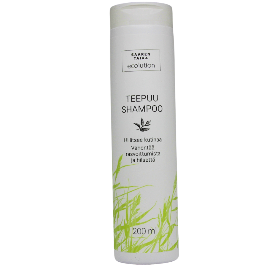 Saaren Taika Ecolution Nestemäinen Teepuushampoo, 200 ml valkoinen muovipullo litteällä valkoisella korkilla; sylinterin muotoinen, pinta mattaa; etiketissä vihreitä ruohokuvioita ja selkeää mustaa suomenkielistä groteskitekstiä; tausta vaalea ja yksinkertainen, tuote keskitettynä kuvaan, ei ihmisiä eikä käsiä.