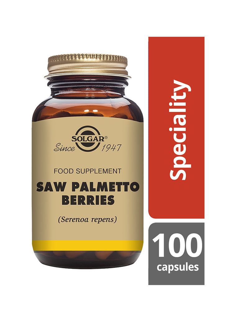 Solgar Sahapalmu -pullo, ruskea lasi, matta kultainen kierrekorkki; punainen "Speciality"-osio ja "Since 1947" yläosassa, 100 kapselia, antiikvateksti kulta-beigellä pohjalla