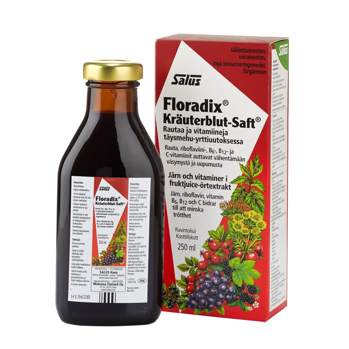 250 ml pullo ja laatikko Salus Floradix Kräuterblut-Saft rautavalmiste by Salus, nestemäinen rauta- ja vitamiinilisä, jonka punaisissa ja valkoisissa etiketeissä on hedelmiä ja yrttejä. Etiketeissä on suomenkielinen ja ruotsinkielinen teksti.