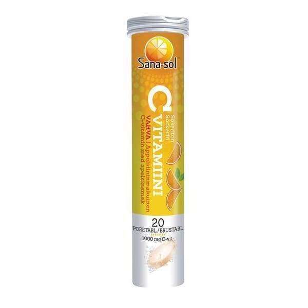 Sana-sol C-vitamiinipore Appelsiini -poretablettituubi, 20 tablettia (kukin 1000 mg C-vitamiinia); sylinterimäinen, kiiltäväpintainen muovituubi valkoisella korkilla; eloisan oranssia kuvitusta sekä lihavoitua valkoista ja mustaa tekstausvapaata tekstiä; pakkauksen osiot vuorottelevat oranssin ja valkoisen välillä; kuvattu neutraalia taustaa vasten, ei ihmisiä tai käsiä näkyvissä.