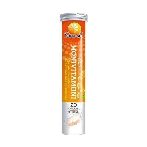 Sana-sol Monivitamiinipore Appelsiini -poretablettituubi, 20 tablettia; sylinterimäinen, kiiltäväpintainen muovituubi valkoisella korkilla; oranssissa ja keltaisessa etiketissä appelsiininviipalekuvitus sekä lihavoitua valkoista ja oranssia tekstausvapaata tekstiä; tuubi seisoo pystyssä valkoista taustaa vasten suoraan edestä kuvattuna, ei ihmisiä tai käsiä näkyvissä.