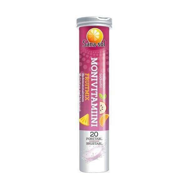 Sana-sol Monivitamiinipore Hedelmä -poretablettituubi, 20 tablettia; sylinterimäinen, kiiltäväpintainen muovituubi muovikorkilla; vaaleanpunaisessa etiketissä värikkäitä hedelmäkuvituksia sekä lihavoitua valkoista ja keltaista tekstausvapaata tekstiä; kuvattu valkoista taustaa vasten keskitettynä, ei ihmisiä tai käsiä näkyvissä.